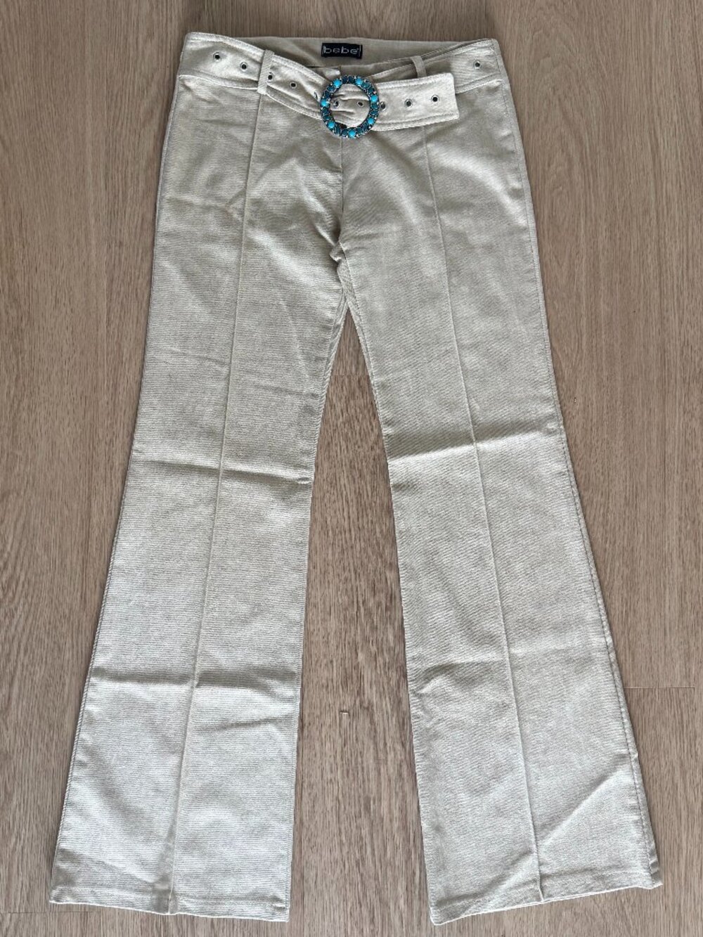 bebe Metallic Silver Flared Pants with Turquoise Buckle Belt